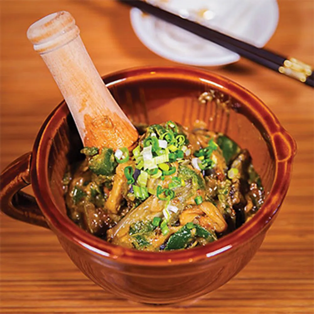 Mashed Eggplant with Green Pepper and Century Egg at Red Chilli Noodle Star, Asian Restaurant in Riverside